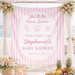Shell Be Here Soon Fabric Baby Shower Welcome Sign Tapestry