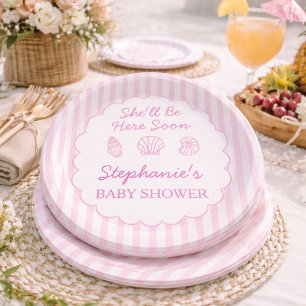 She'll Be Here Soon Pink Sea Shells Baby Shower Paper Plate