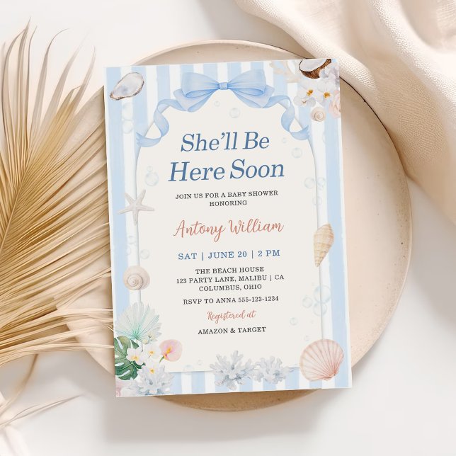 She'll Be Here Soon Seashell Baby Shower Invitation (Creator Uploaded)