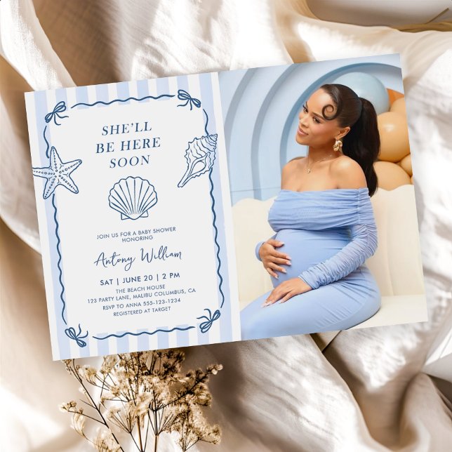She'll Be Here Soon Seashell Baby Shower Photo Invitation (Creator Uploaded)