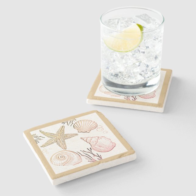 Shell Beach Beige Neutral Seashells Throw Pillow Stone Coaster (Side)