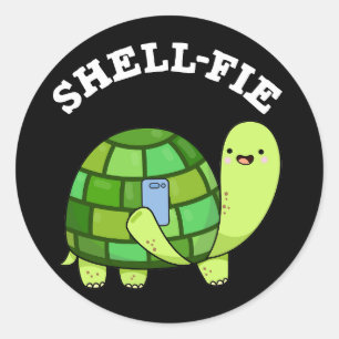 Shell-fie Funny Tortoise Selfie Pun Dark BG Classic Round Sticker