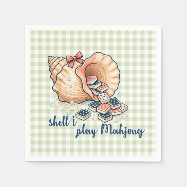 Shell I Play Mahjong Coastal Gingham Napkin (Front)