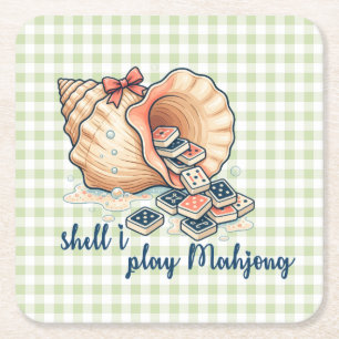 Shell I Play Mahjong Coastal Gingham Square Paper Coaster