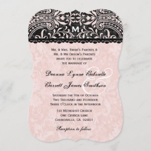 Shell Pink and Black Vintage Damask Wedding A14 Invitation