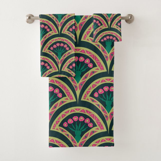 shell shaped green pattern bath towel set (Insitu)