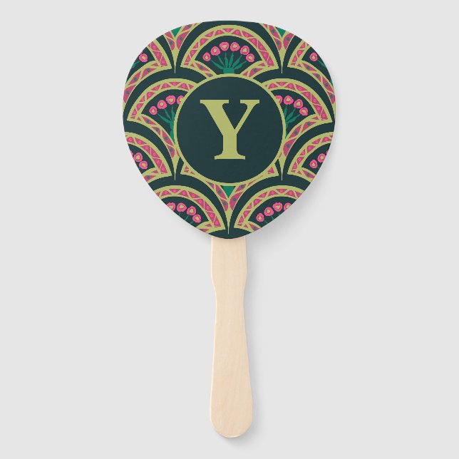 shell shaped green pattern hand fan (Front)