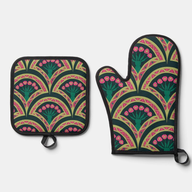 shell shaped green pattern oven mitt & pot holder set (Front)