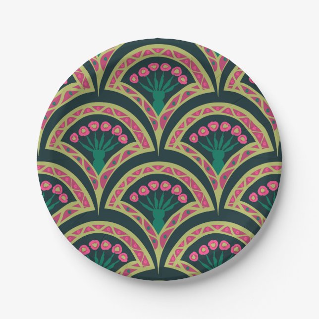 shell shaped green pattern paper plate (Front)