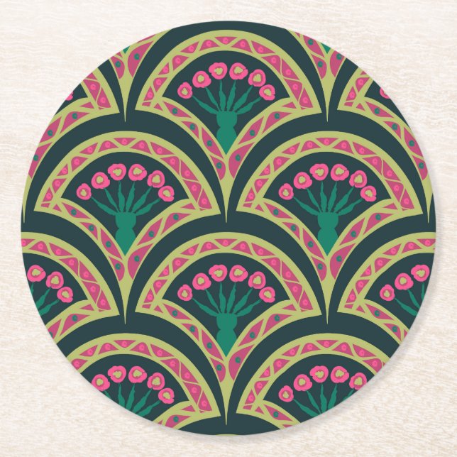 shell shaped green pattern round paper coaster (Front)