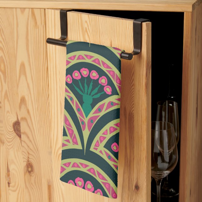 shell shaped green pattern tea towel (Thirds Fold)