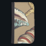 Shell Trio on Khaki Samsung S4 Wallet Case<br><div class="desc">Megan Meagher is known for her simple art pieces. This is a great image of decorative art capturing the sea life with a yellow starfish and a blue and red conch shell. Get this fine art print today on Khaki colour on your Zazzle product.</div>