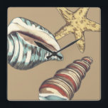 Shell Trio on Khaki Square Wall Clock<br><div class="desc">Megan Meagher is known for her simple art pieces. This is a great image of decorative art capturing the sea life with a yellow starfish and a blue and red conch shell. Get this fine art print today on Khaki colour on your Zazzle product.</div>