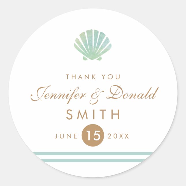 Shell Watercolor Aqua Wedding Favour Sticker (Front)