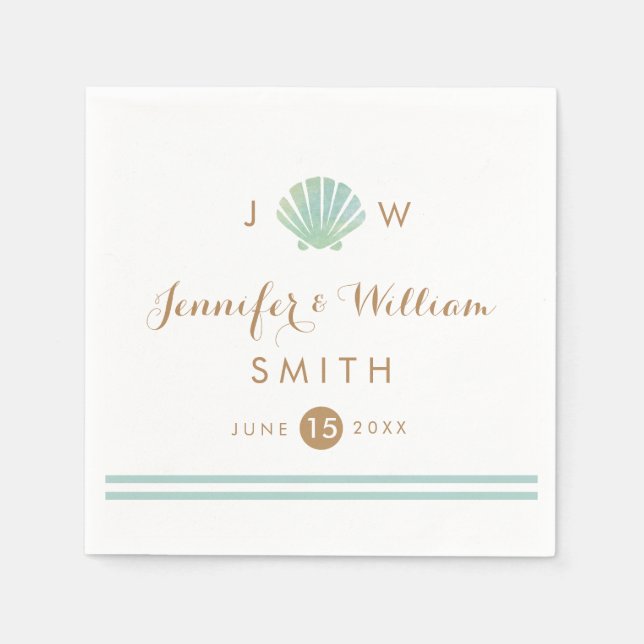 Shell Watercolor Aqua Wedding Paper Napkin (Front)