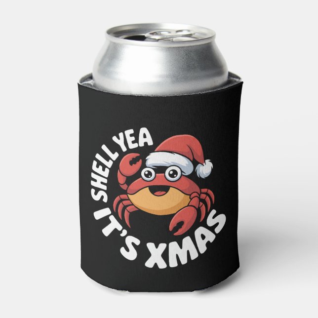 Shell Yea It's Xmas Christmas Crab Santa Hat Can Cooler (Can Front)