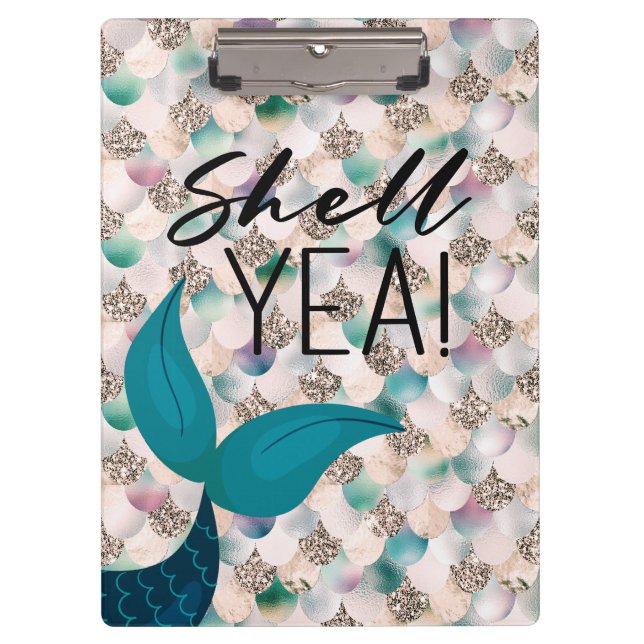 Shell Yea Teal & Gold Glam Mermaid Tail & Scales Clipboard (Front)