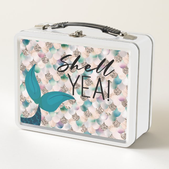 Shell Yea Teal & Gold Glam Mermaid Tail & Scales Metal Lunch Box (Front)