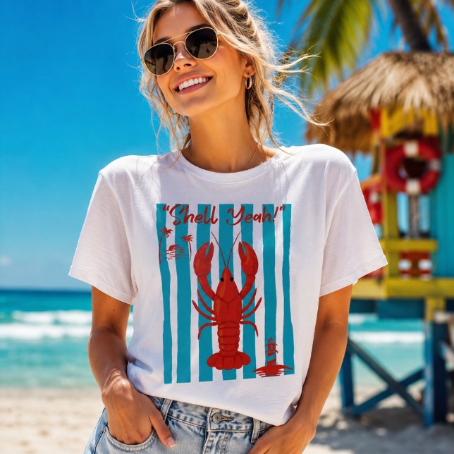 "Shell Yeah" Funny Red Lobster Beach Stripes T-Shi T-Shirt (Creator Uploaded)
