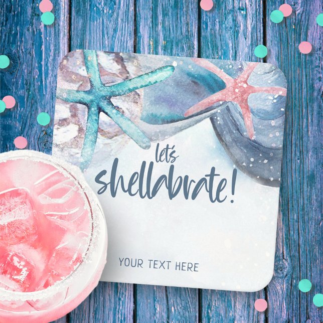 Shellabration | Watercolor Beach Starfish Seashell Square Paper Coaster (Creator Uploaded)