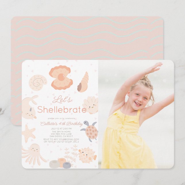 Shellebrate Seashell Pink Birthday Photo Invitation (Front/Back)