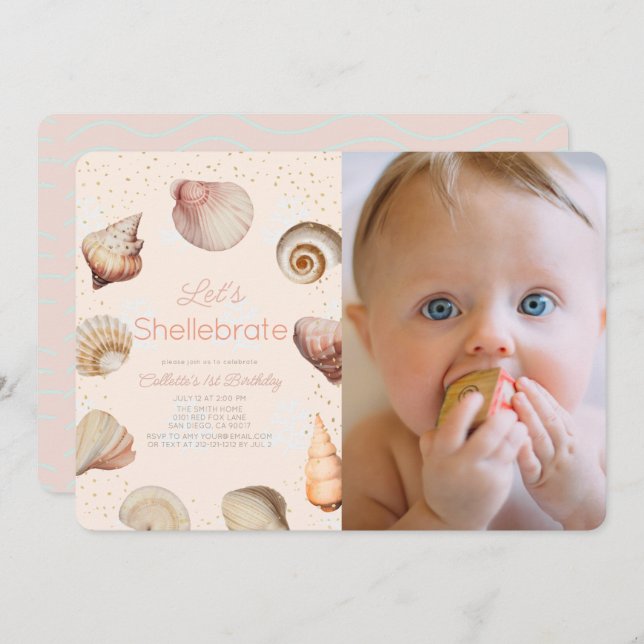 Shellebrate Seashell Realistic 1st Birthday Photo Invitation (Front/Back)