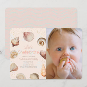 Shellebrate Seashell Realistic 1st Birthday Photo Invitation