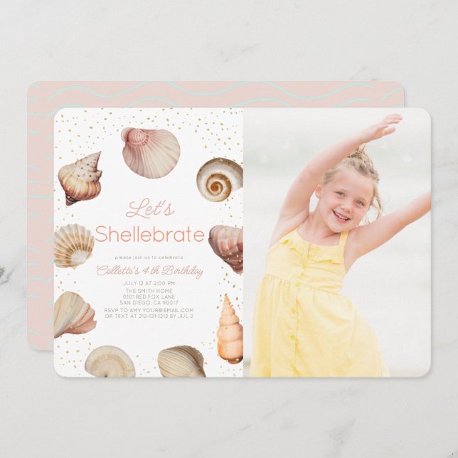 Shellebrate Seashell Realistic Birthday Photo Invitation (Front/Back)