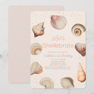 Shellebrate Seashell Realistic Pink 1st Birthday Invitation