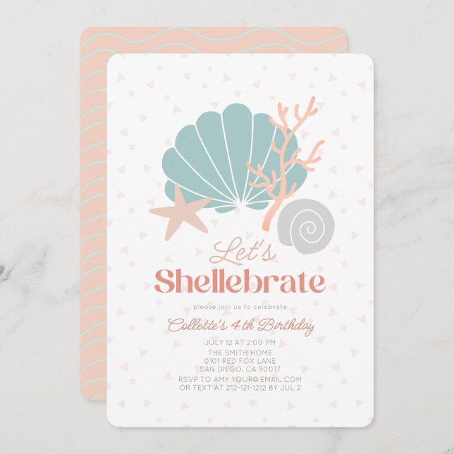 Shellebrate Seashell Retro Pink Girl Birthday Invitation (Front/Back)