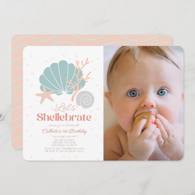 Shellebrate Seashell Retro Pink Photo 1st Birthday Invitation (Front/Back)
