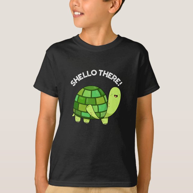 Shello There Funny Tortoise Pun Dark BG T-Shirt (Front)