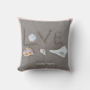shells & 2 hearts on beach custom wedding pillow