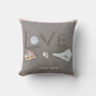 shells & 2 hearts on beach custom wedding pillow