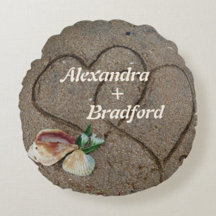 shells & 2 hearts on beach custom wedding pillow