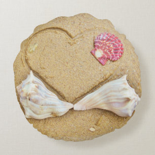 shells & 2 hearts on beach custom wedding pillow