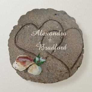 shells & 2 hearts on beach custom wedding pillow
