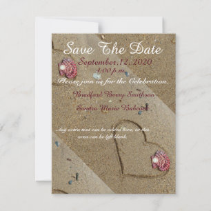 Shells and Heart in the sand  Save the Date invite