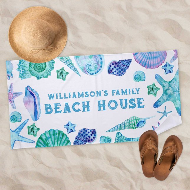 Shells and Starfish Family Beach House Watercolor Beach Towel (Shells and Starfish Family Beach House Watercolor Beach Towel)