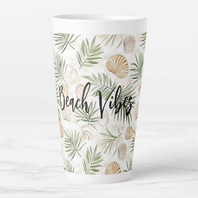 Shells Beach Green Palm Tree Leaves Latte Mug (Front)