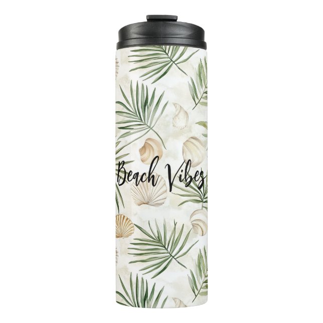 Shells Beach Green Palm Tree Leaves Thermal Tumbler (Front)
