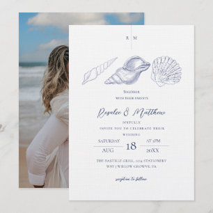 Shells Blue & White Elegant Coastal Wedding Invitation