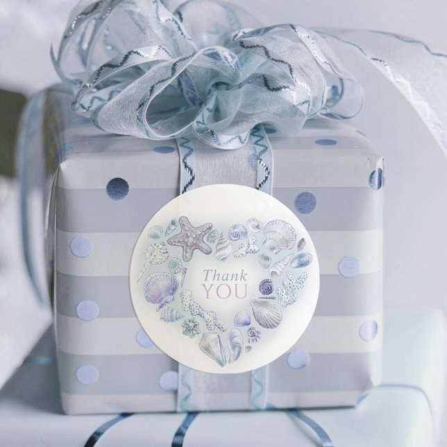 Shells heart art thank you beach blue wedding classic round sticker (Creator Uploaded)