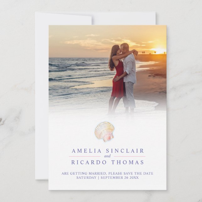 Shells heart art watercolor beach wedding save the date (Front)