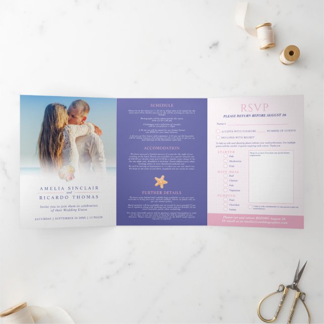 Shells heart art watercolor beach wedding Tri-Fold invitation (Inside)