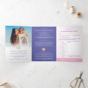 Shells heart art watercolor beach wedding Tri-Fold invitation