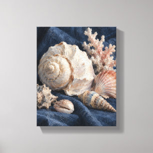 Shells on Indigo Linen Coastal Still Life Canvas P Print