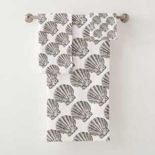 shells scallop seashells brown white pattern bath towel set