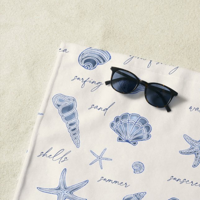 Shells Starfish Sun Fun Text Blue ID918  Beach Towel (In Situ)