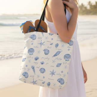 Shells Starfish Sun Fun Text Blue ID918 Tote Bag